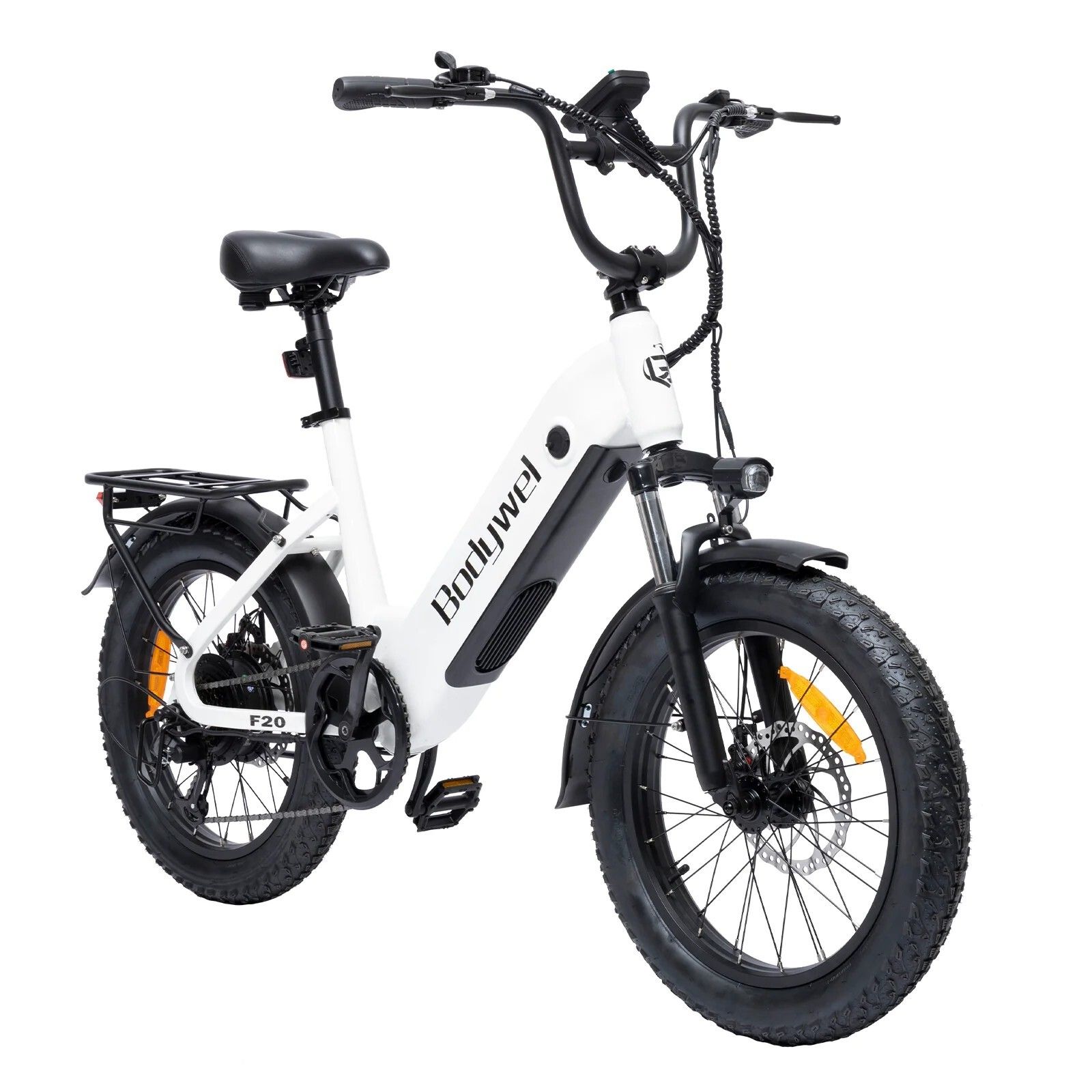 Weißes Elektrofahrrad Bodywel F20. Schwarze Reifen, Sattel und Lenker. Gepäckträger hinten. Aufschrift Bodywel.