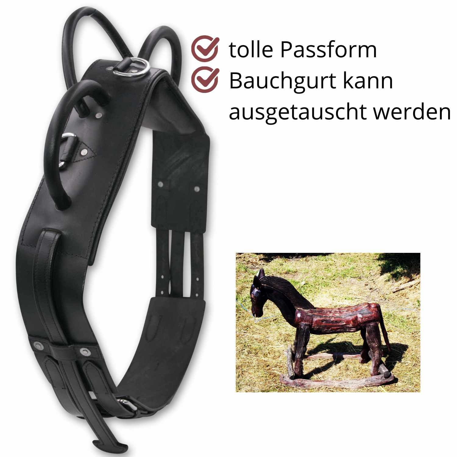 Schwarzer Voltigiergurt mit runden Griffen. Tolle Passform, Bauchgurt kann ausgetauscht werden. Mit Holzpferd-Illustration.