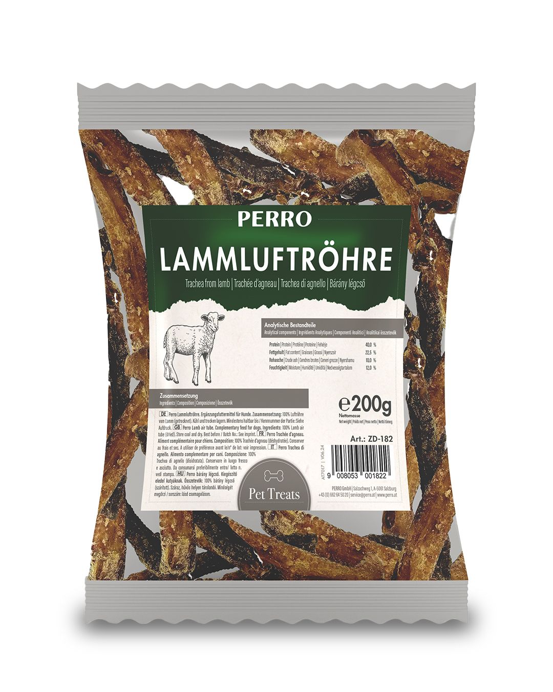 Verpackung mit PERRO Lammluftröhre. Knackiger Kausnack für Hunde. Enthält getrocknete Luftröhren vom Lamm. Aufdruck mit Produktinformationen und einem Schaf.