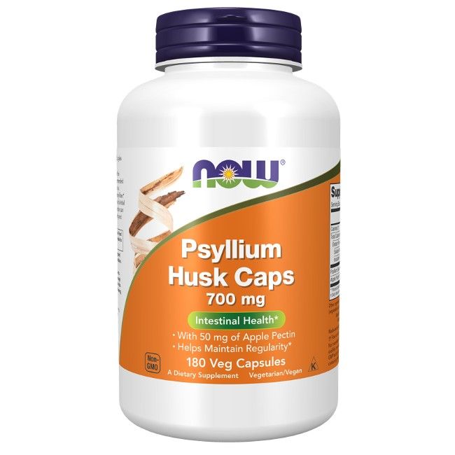Weiße Flasche mit blauem Deckel. Etikett mit "Psyllium Husk Caps 700 mg". 180 Veg Kapseln. Vegetarisch/Vegan.