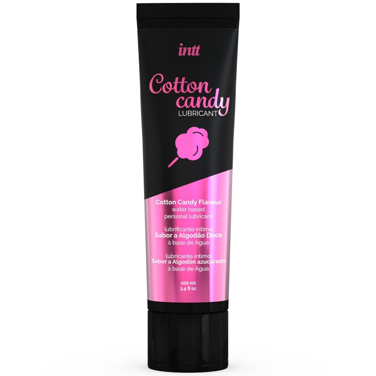 Schwarze Tube mit rosa Akzenten. Aufschrift: INTT, Cotton candy LUBRICANT. Text: Cotton Candy Flavour, Wasserbasis.