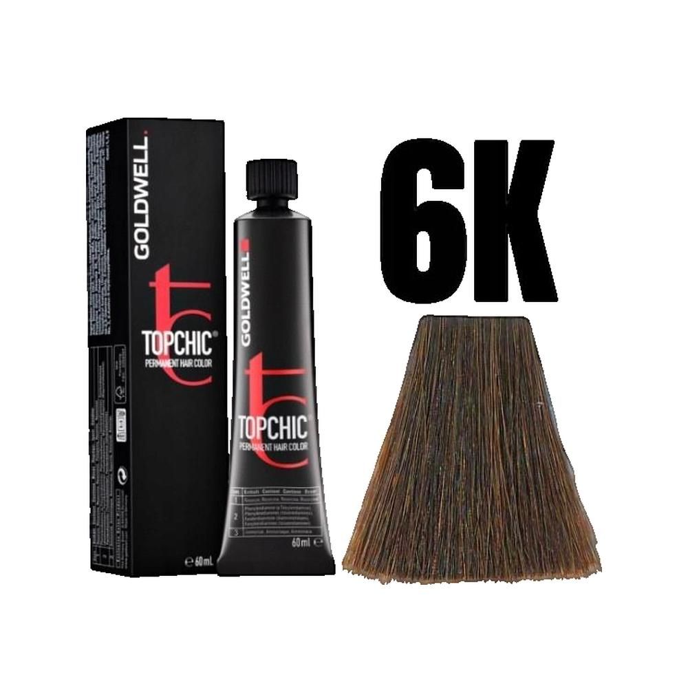 Goldwell Topchic Haarfarbe, Tube und Verpackung. Farbton 6K, mit Haarsträhne. Schwarze Tube, schwarze Verpackung.