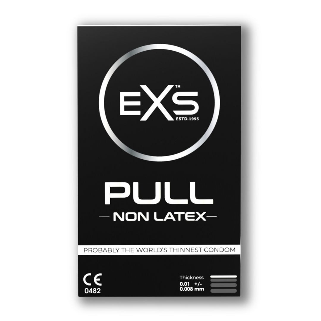 Schwarze Verpackung mit Logo und Schriftzug. "PULL - NON LATEX" und CE-Kennzeichnung. Text: "Probably the world's thinnest condom".
