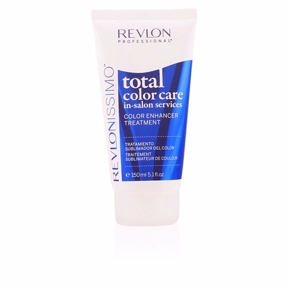 Weiße Tube mit blauer Beschriftung. Aufschrift: Revlonissimo Total Color Care Color Enhancer Treatment. Volumen: 150 ml.