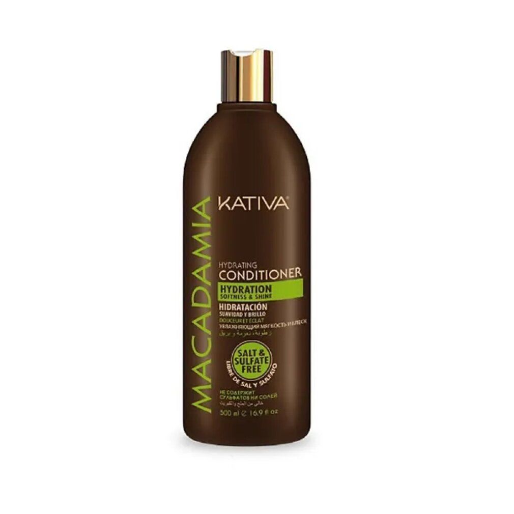 Braune Flasche Kativa Macadamia Conditioner. Text: Hydrating Conditioner, Hydration, Softness & Shine, Salt & Sulfate Free.