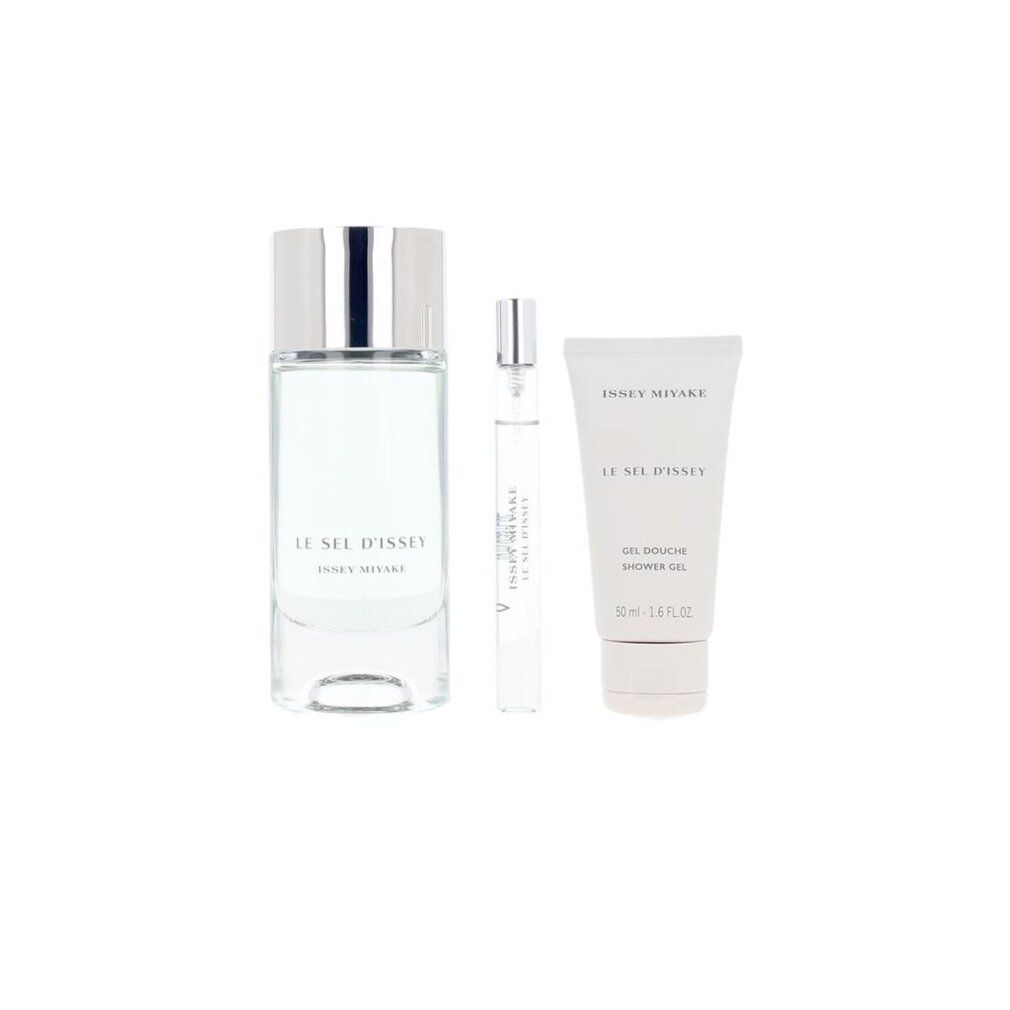 Flakon, Zerstäuber und Duschgel. Aufschrift: Issey Miyake, Le Sel d'Issey.