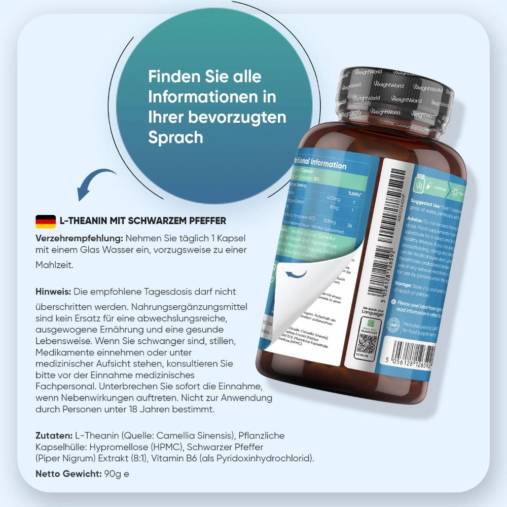Produktflasche mit Etikett. Text: L-Theanin mit Schwarzem Pfeffer. Verzehrempfehlung. Zutatenliste. Nährwertangaben. Nettogewicht: 90g.