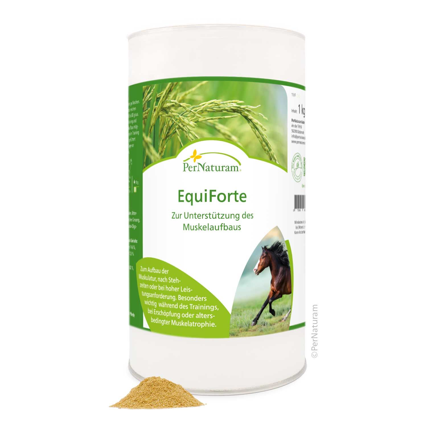 Zylindrischer Behälter EquiForte mit Etikett und Logo. 1 kg. Kleiner Haufen Pulver vor dem Behälter.