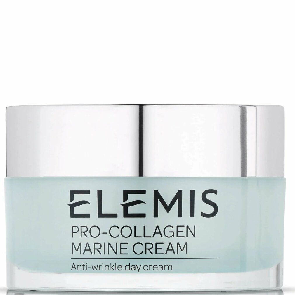 Tiegel mit Elemis Pro-Collagen Marine Cream. Hellblauer Tiegel mit silbernem Deckel. Schwarzer Schriftzug.