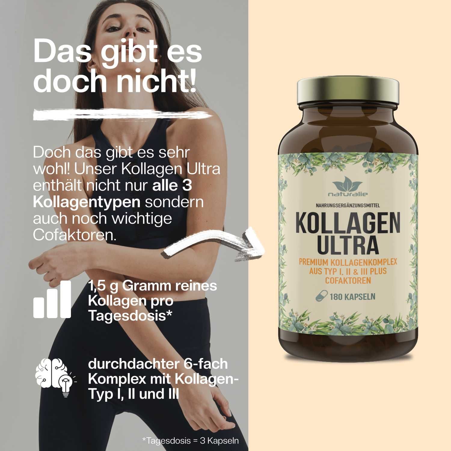 Flasche mit 180 Kapseln Kollagen Ultra, Nahrungsergänzungsmittel.