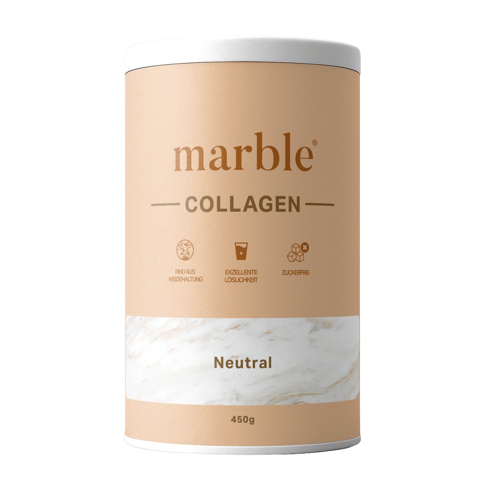 Beige Dose mit weißem Deckel. Aufschrift: marble® COLLAGEN, Neutral, 450g. Symbole für Wiederverwertung, Löslichkeit, zuckerfrei.