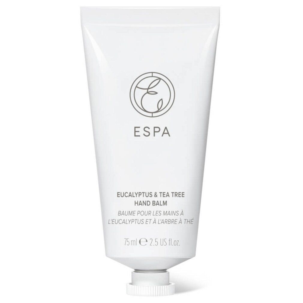 Weiße Tube ESPA Eucalyptus & Tea Tree Hand Balm. Produktname und Logo. 75 ml. Weißer Verschluss. Französische Übersetzung des Produktnamens.