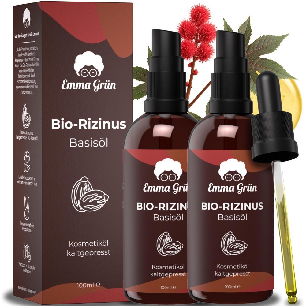Zwei braune Glasflaschen mit schwarzem Sprühkopf und eine Kartonverpackung. Aufschrift: Emma Grün Bio-Rizinus Basisöl. Kaltgepresst.
