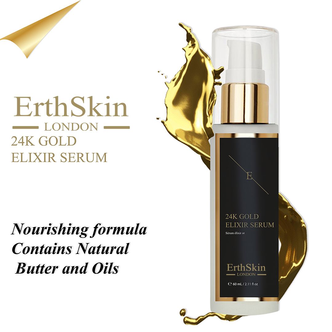 Serumflasche mit schwarzem Etikett und goldenen Akzenten. Goldener Spritzer im Hintergrund. Text: 24K Gold Elixir Serum.