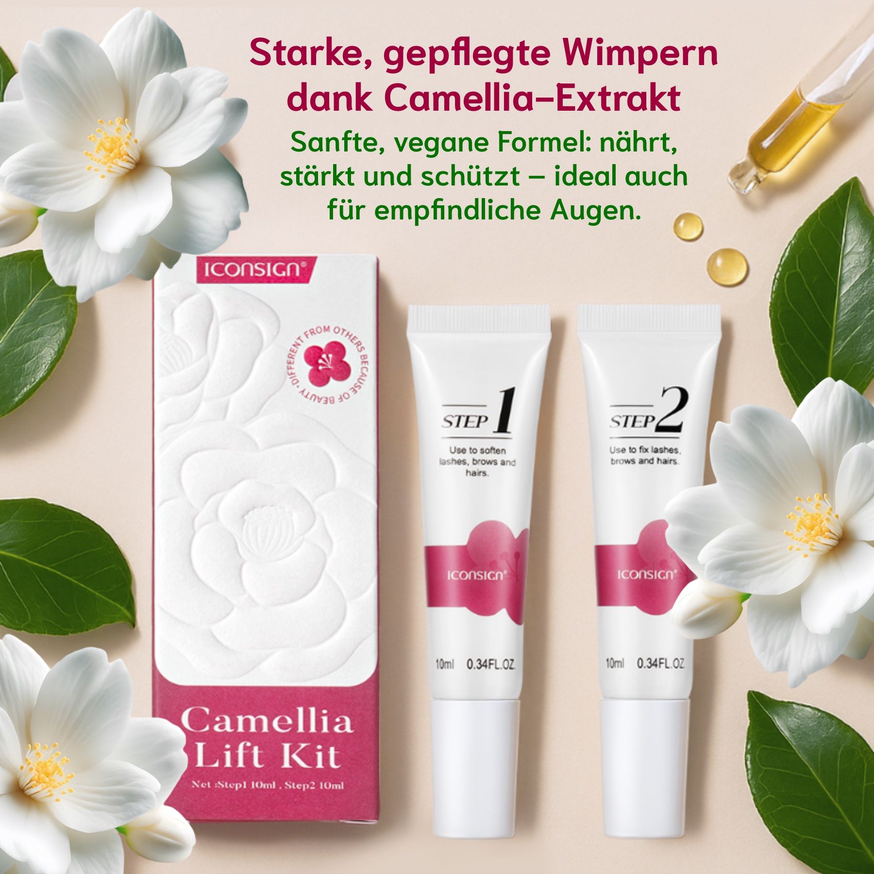 Zwei Tuben mit Creme, 'STEP 1' und 'STEP 2'. Weiße Tuben mit rosa Akzenten. Camellia Lift Kit-Verpackung.