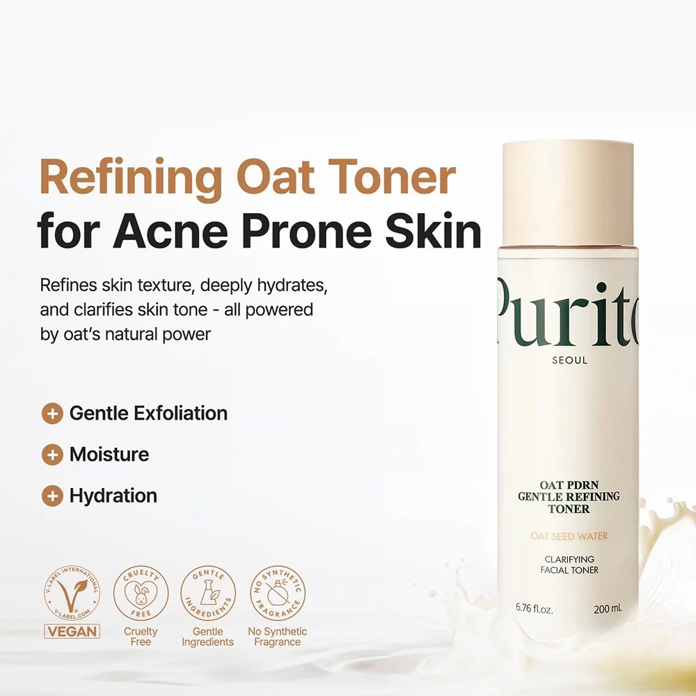 Produkt mit Text: Refining Oat Toner for Acne Prone Skin. Logos: Vegan, Cruelty Free, Gentle Ingredients, No Synthetic Fragrance.