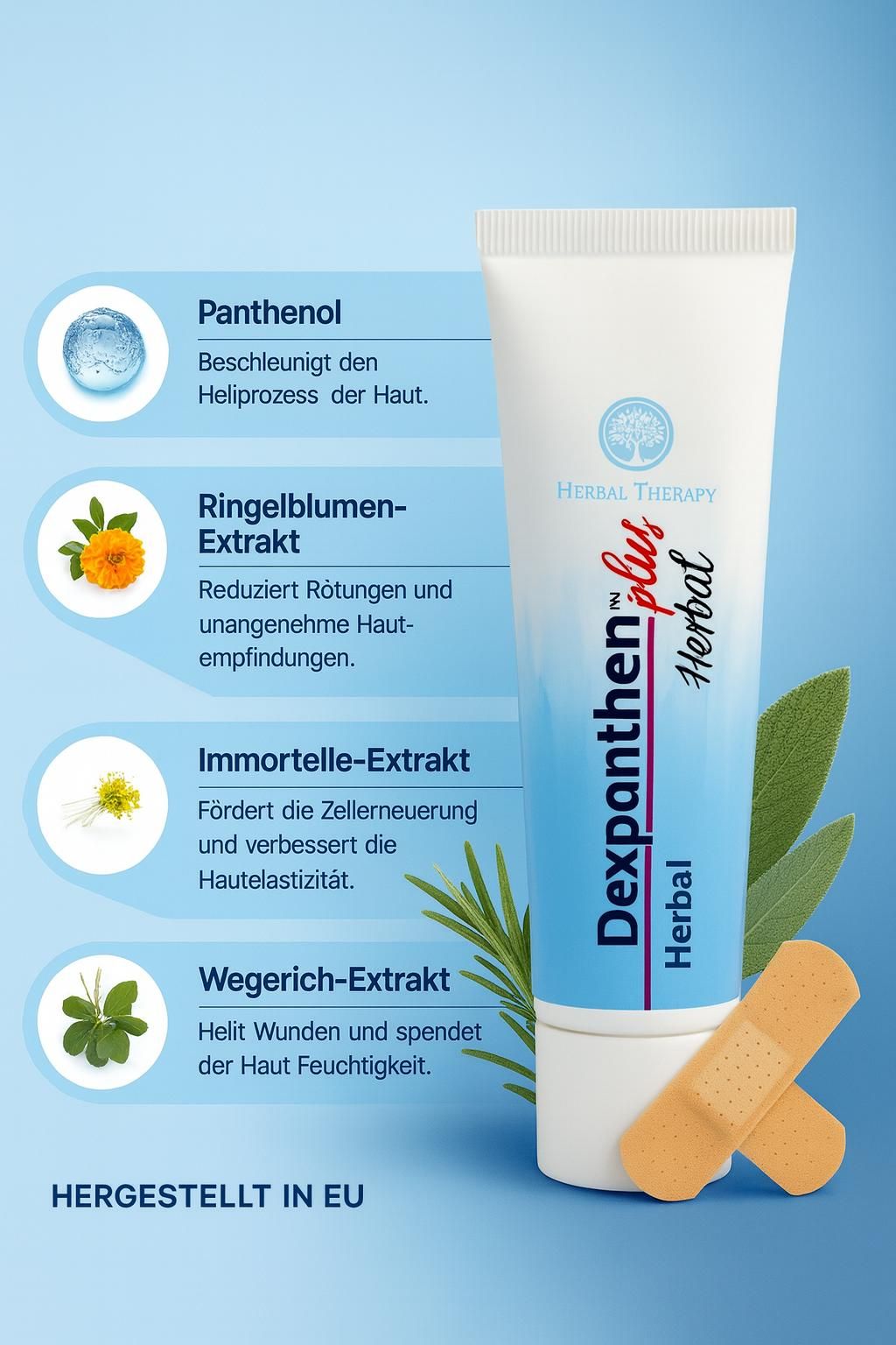 Werbeplakat mit Herbal Therapy Dexpanthen plus Herbal. Tube, Kräuter, Pflaster und Illustrationen von Inhaltsstoffen. Hergestellt in EU.