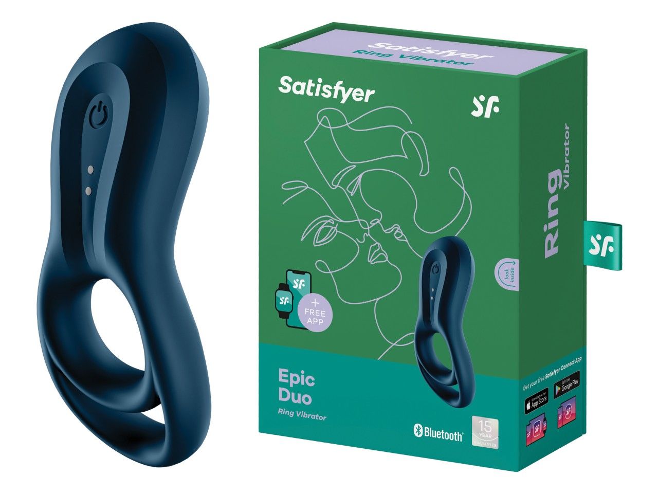 Blauer Ringvibrator und Verpackung. Die Verpackung zeigt Produktname und App-Funktion. Der Vibrator hat eine Power-Taste und zwei LEDs.