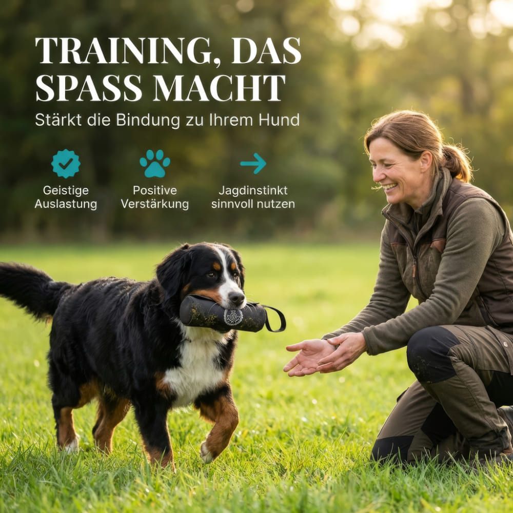 Frau und Hund auf einer Wiese. Der Hund trägt einen schwarzen Futterdummy mit Handschlaufe. Text: TRAINING, DAS SPASS MACHT.