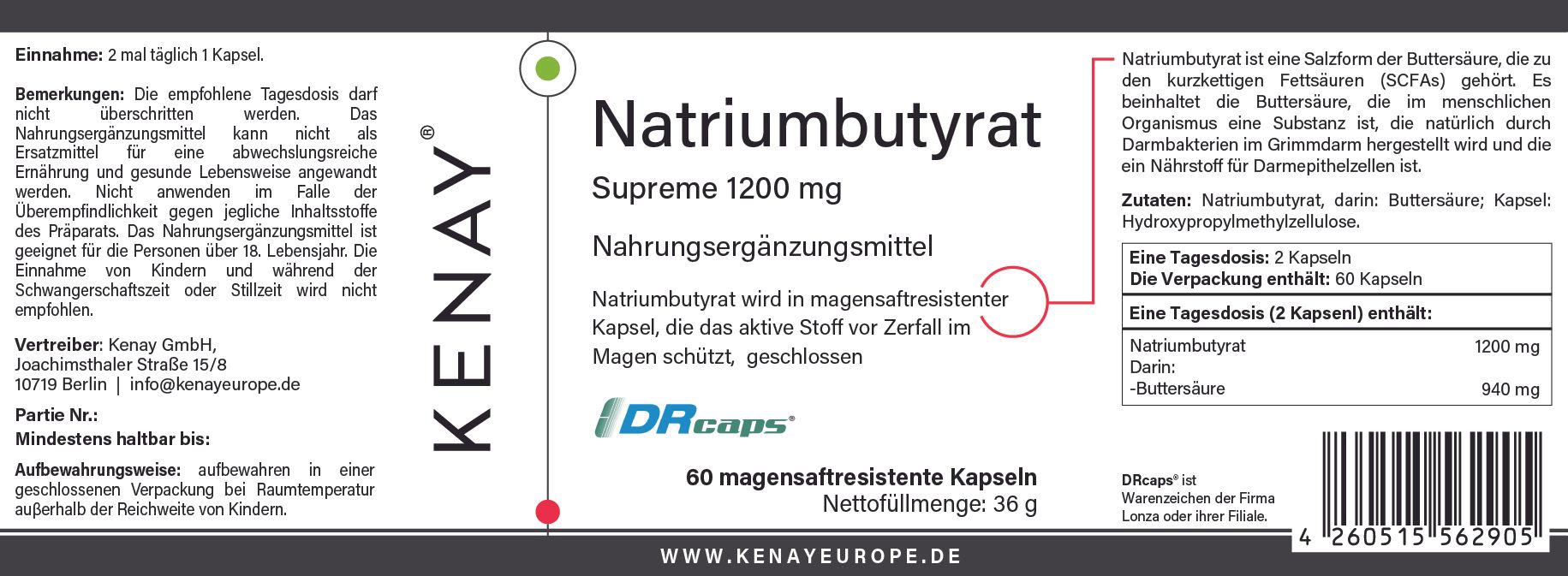 Etikett mit Produktinformationen. Text: Natriumbutyrat Supreme 1200 mg, Nahrungsergänzungsmittel. 60 magensaftresistente Kapseln. Marke KENAY.