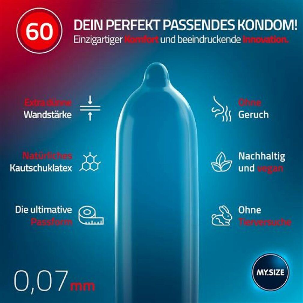 Blaues Kondom mit 0,07 mm Wandstärke. Icons für Eigenschaften: Geruchlos, vegan, ohne Tierversuche, Passform.