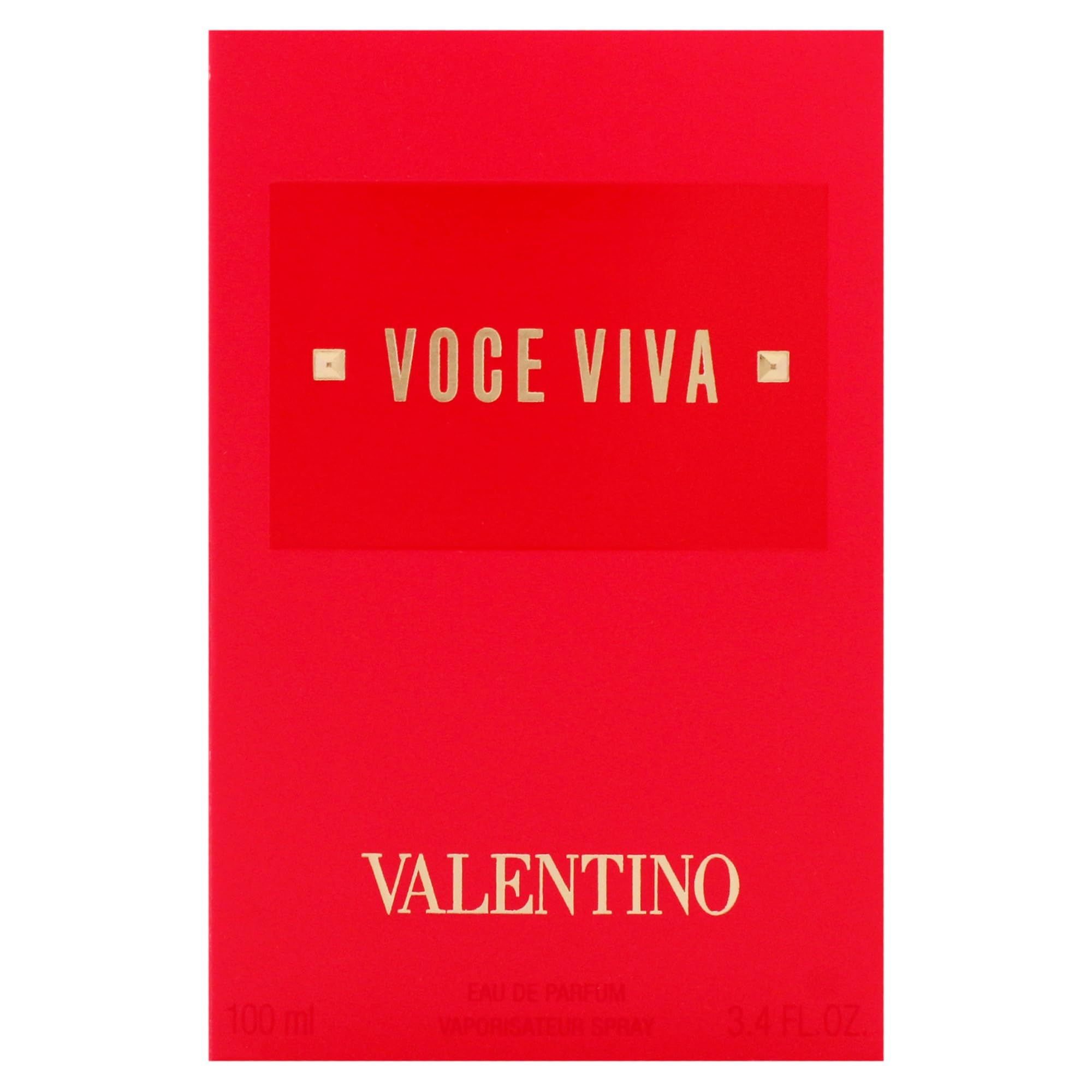 Rote rechteckige Verpackung. Aufschrift: VOCE VIVA und VALENTINO. Goldfarbene Schrift. Produktverpackung.