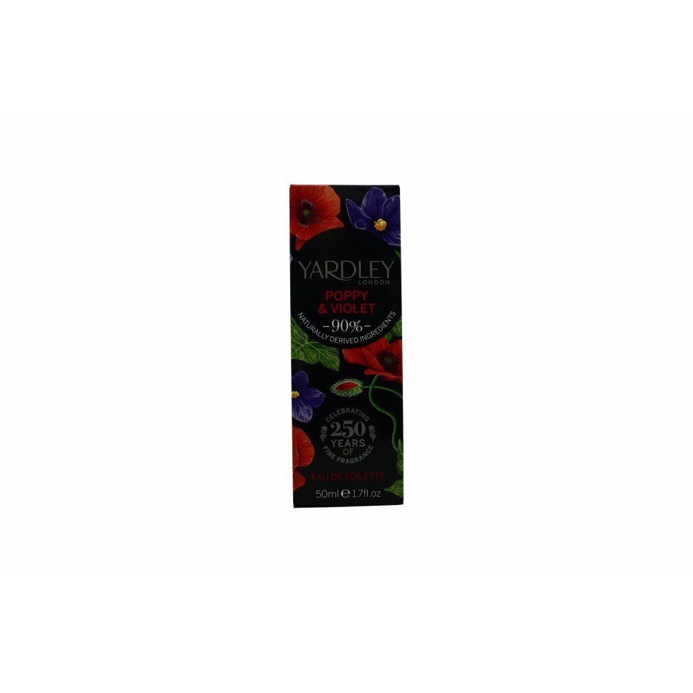 Schwarze Verpackung mit floralem Design. Text: Yardley Poppy & Violet, 90% natürlich. 250 Jahre. 50ml.