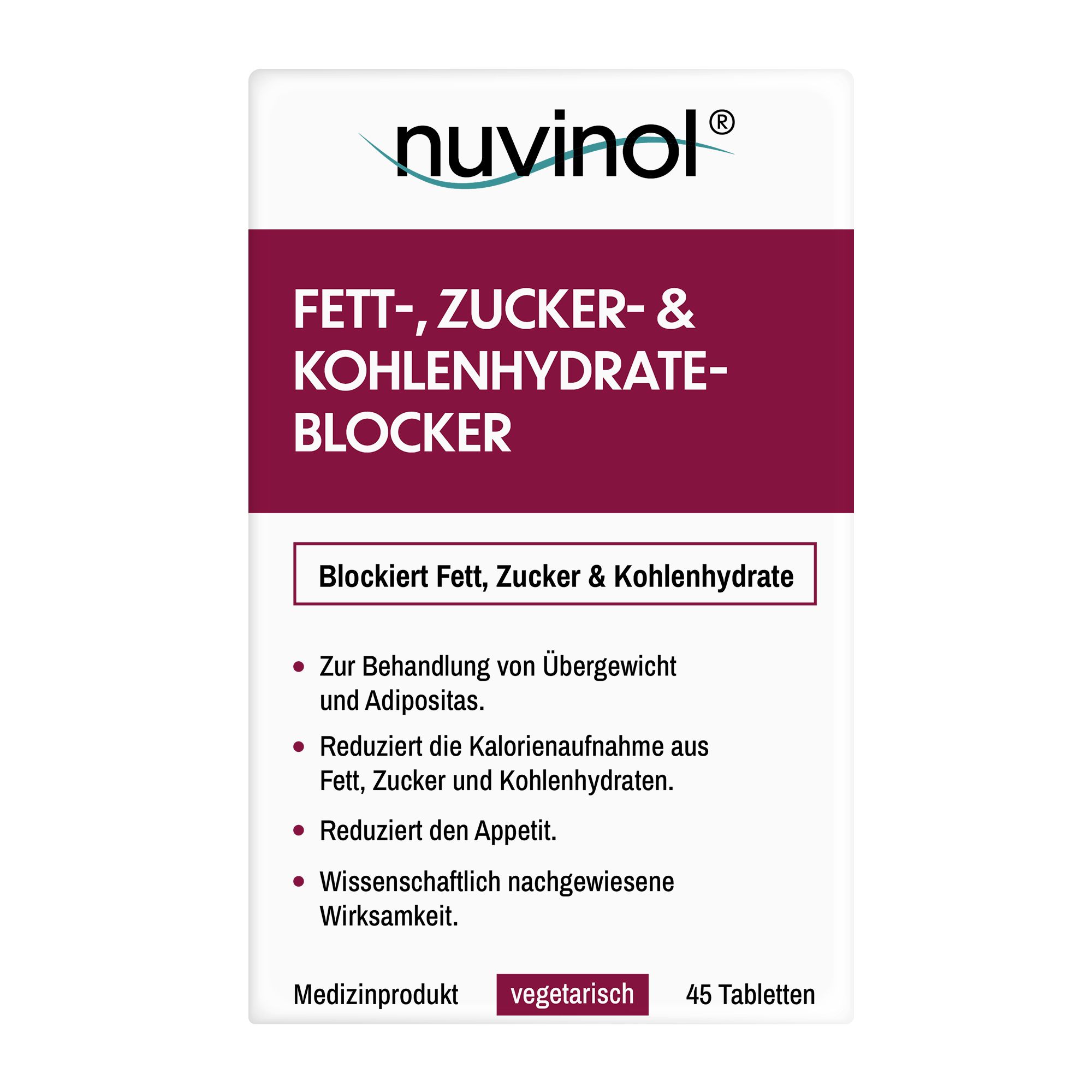 Weiße Tablettenbox mit lila Schriftzug. Text: Fett-, Zucker- & Kohlenhydrateblocker. 45 Tabletten. Vegetarisch. Medizinprodukt.
