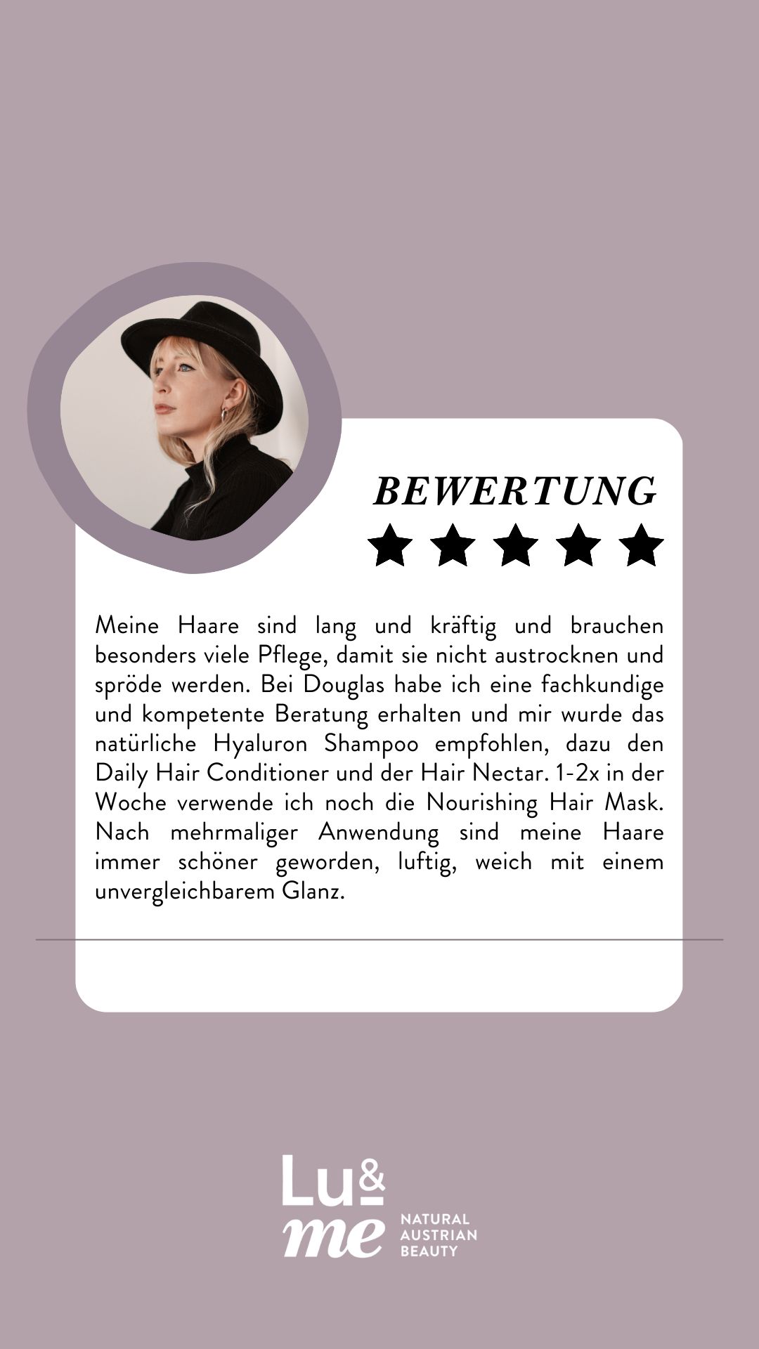 Frau mit Hut, Bewertung mit Sternen. Text über Haarpflegeprodukte von Lu&me.