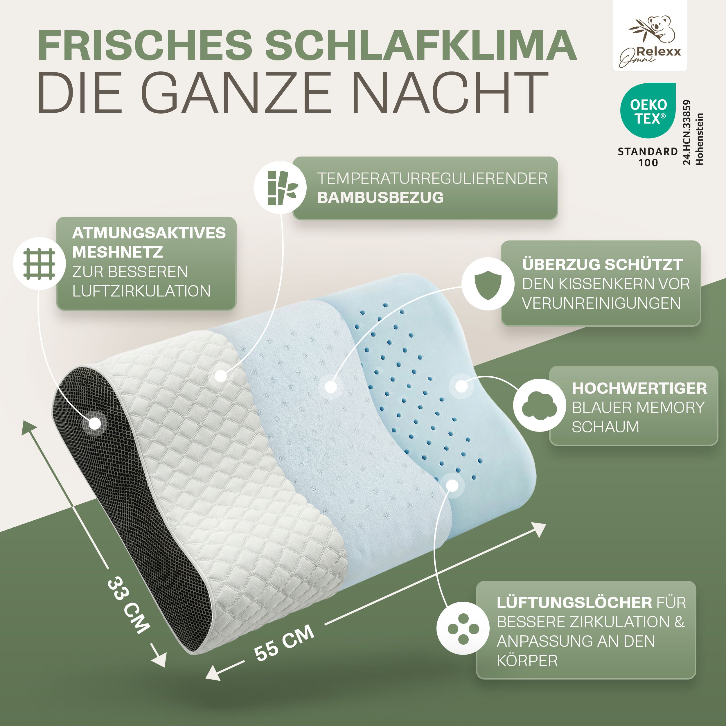Ergonomisches Kissen. Maße: 55 cm x 33 cm. Text: Frisches Schlafklima die ganze Nacht. Merkmale: Meshnetz, Bambusbezug, Memory-Schaum.