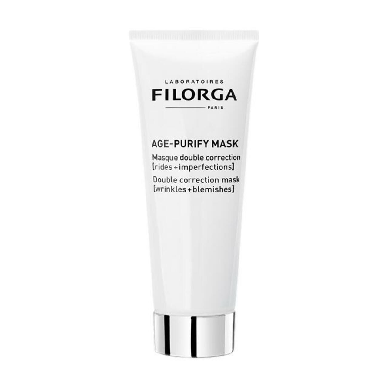 Weiße Tube mit silbernem Boden. Aufschrift: Filorga, Age-Purify Mask. Text in Französisch und Englisch.