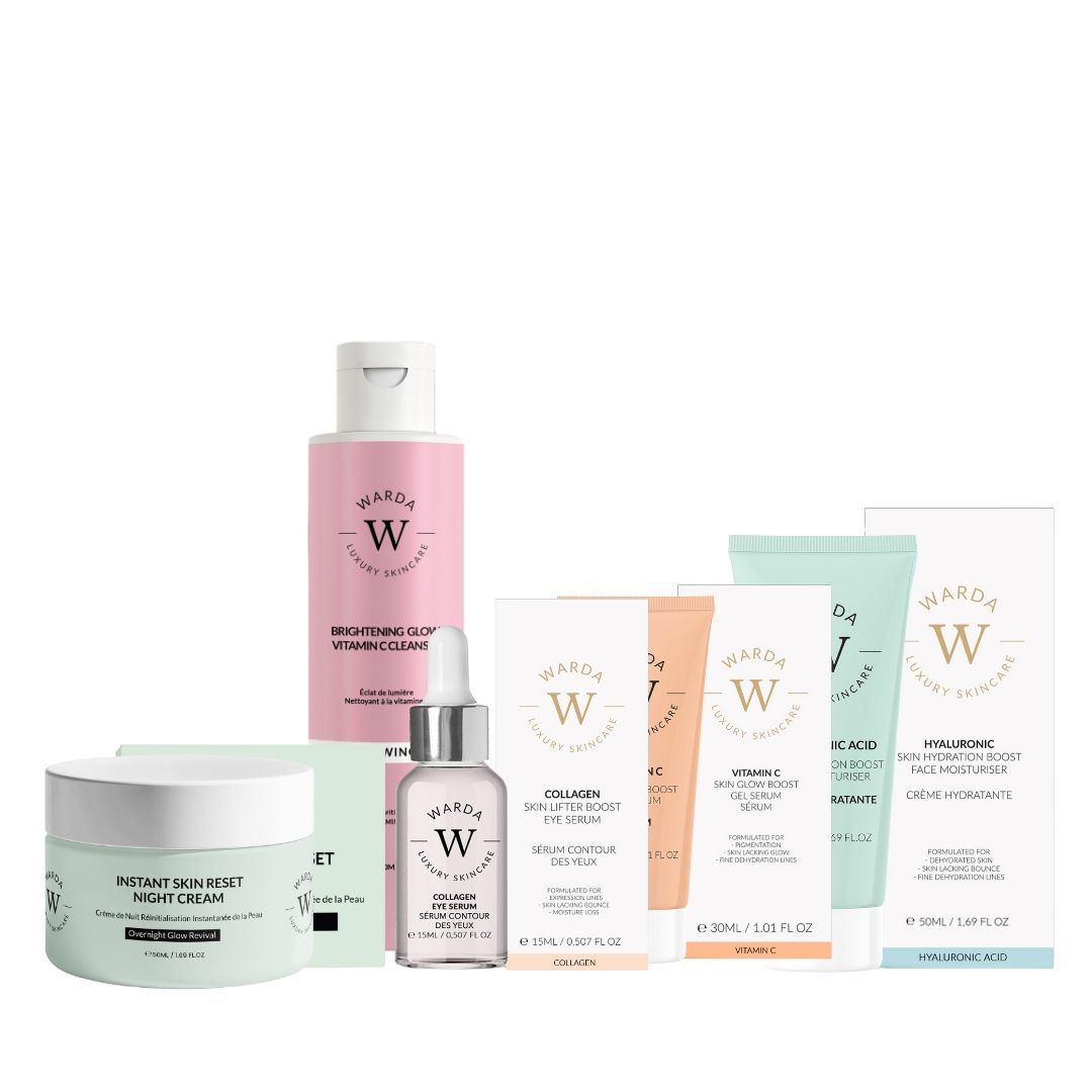 Verschiedene Hautpflegeprodukte von Warda Luxury Skincare. Enthalten Cremes, Seren und Reinigungsmittel in verschiedenen Verpackungen.