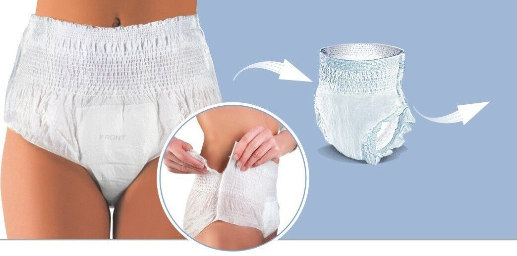 Illustration einer Inkontinenzpants. Produktabbildung und Anwendung. Frau zeigt das Öffnen der Pants.