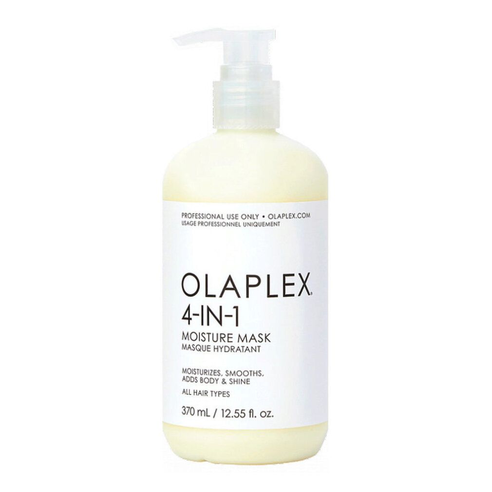 Olaplex 4-in-1 Moisture Maske. Weiße Flasche mit Pumpe. Text: Moisture Mask, 370 ml. Für alle Haartypen.