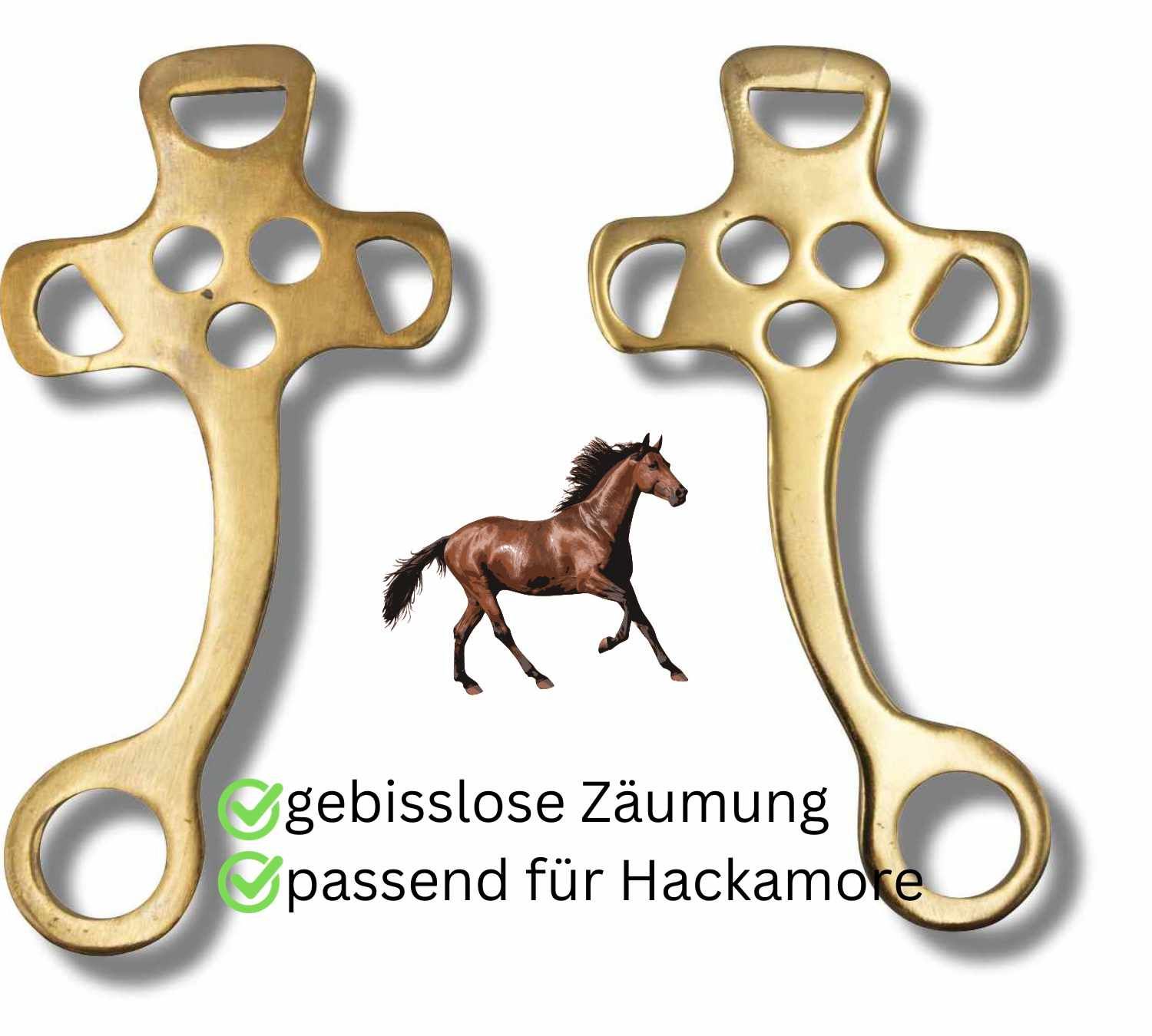 Zwei goldfarbene Seitenteile für Hackamore aus Messing. Jedes Teil hat drei Löcher und eine runde Öse. Text: gebisslose Zäumung, passend für Hackamore.