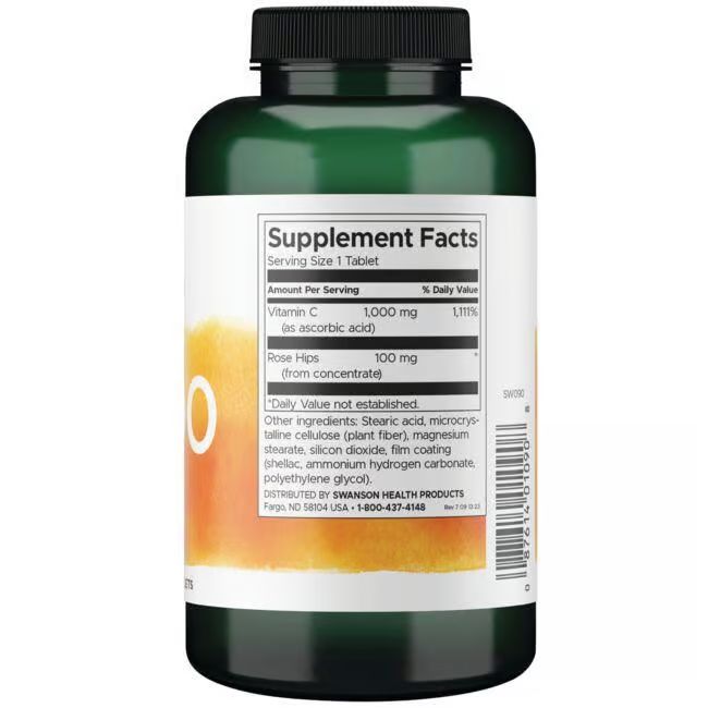 Rückseite der grünen Flasche. Weißes Etikett mit Nährwertangaben. Enthält Vitamin C und Hagebutten.