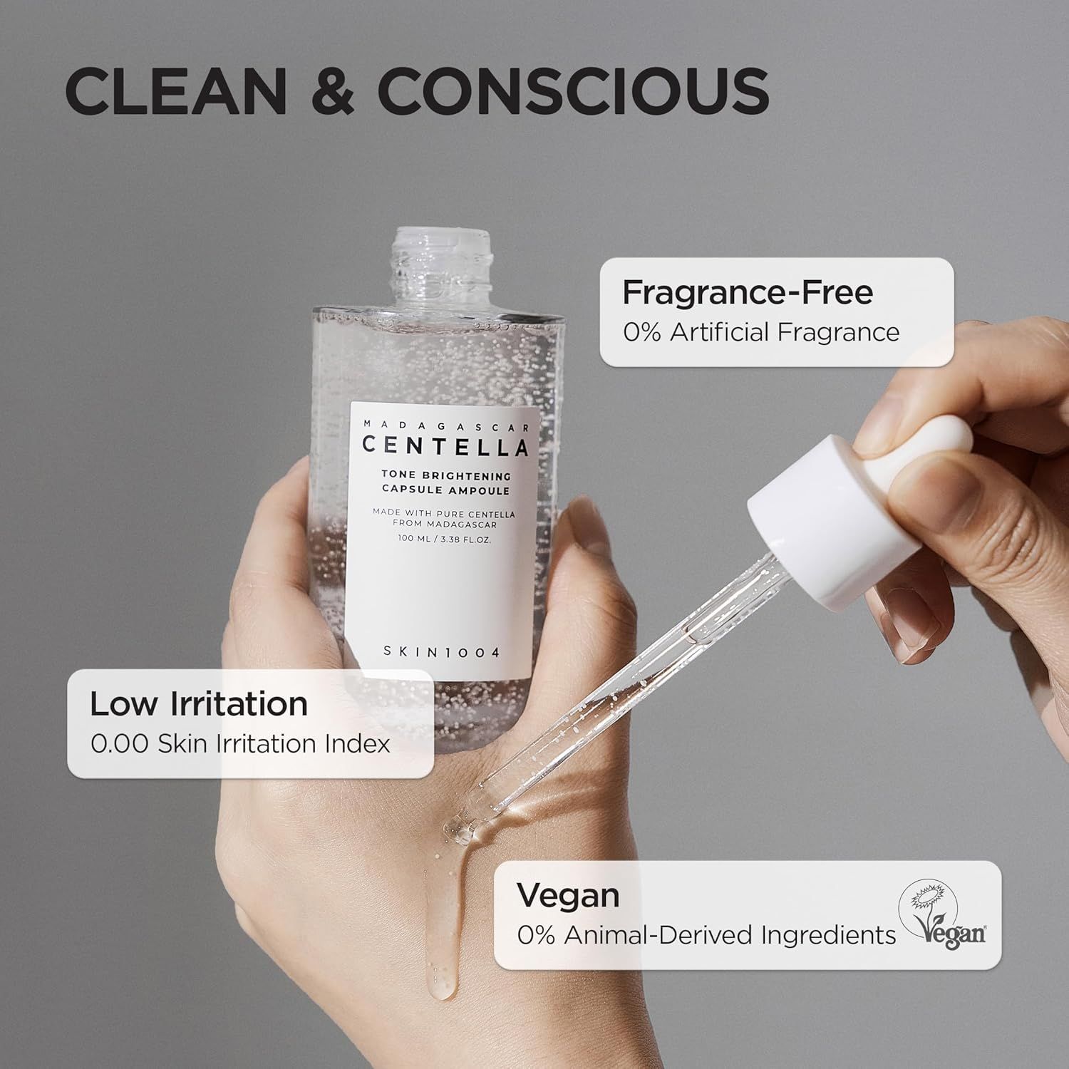 Ampulle mit Pipette, daneben Textfelder: 'Fragrance-Free', 'Vegan', 'Low Irritation'.