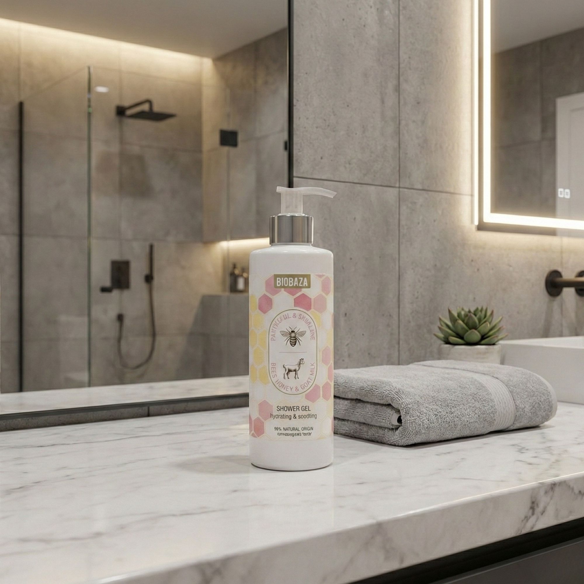 Biobaza 2in1 Shower Gel auf Marmorablage. Weiße Flasche mit Pumpverschluss. Etikett mit Bienen- und Ziegenmotiv. Bad-Hintergrund.