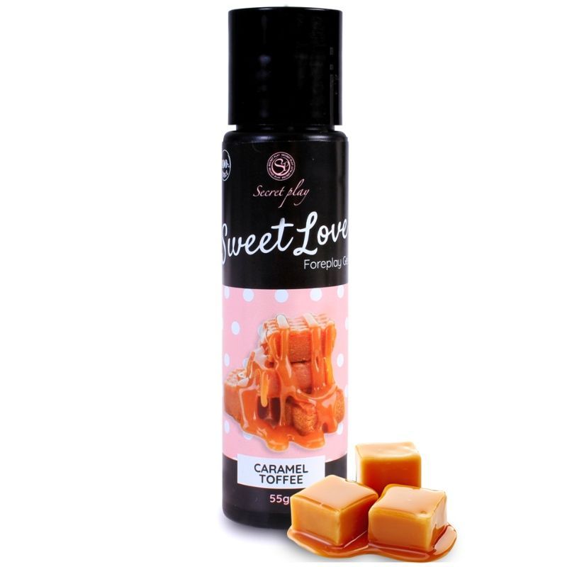 Flasche Sweet Love Foreplay Gel Caramel Toffee, 55g, mit Karamell-Toffee-Stücken.
