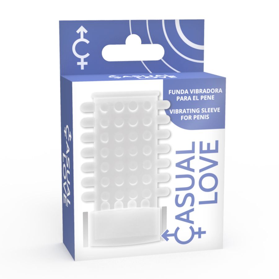 Verpackung mit weißer Penismanschette. Aufschrift 'Casual Love'. Blaue Verpackung mit Piktogrammen und Text.