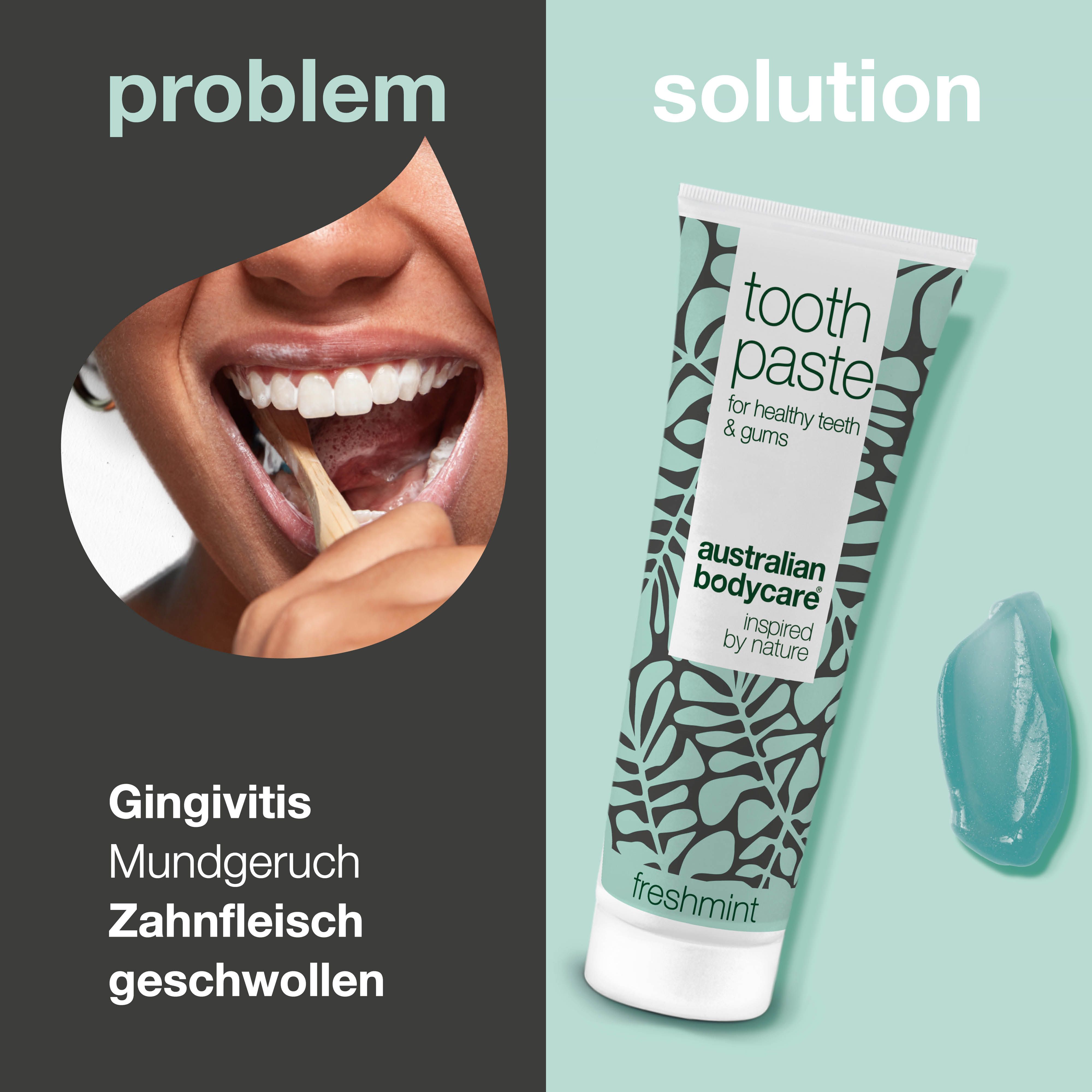 Zahnpasta-Tube und Zahnpasta-Klecks. Aufschrift: Toothpaste, Australian Bodycare, Freshmint.