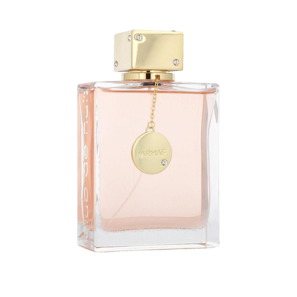 Rechteckige Parfümflasche mit goldfarbenem Verschluss. Rosa Flüssigkeit. Anhänger mit Logo und Strassstein.