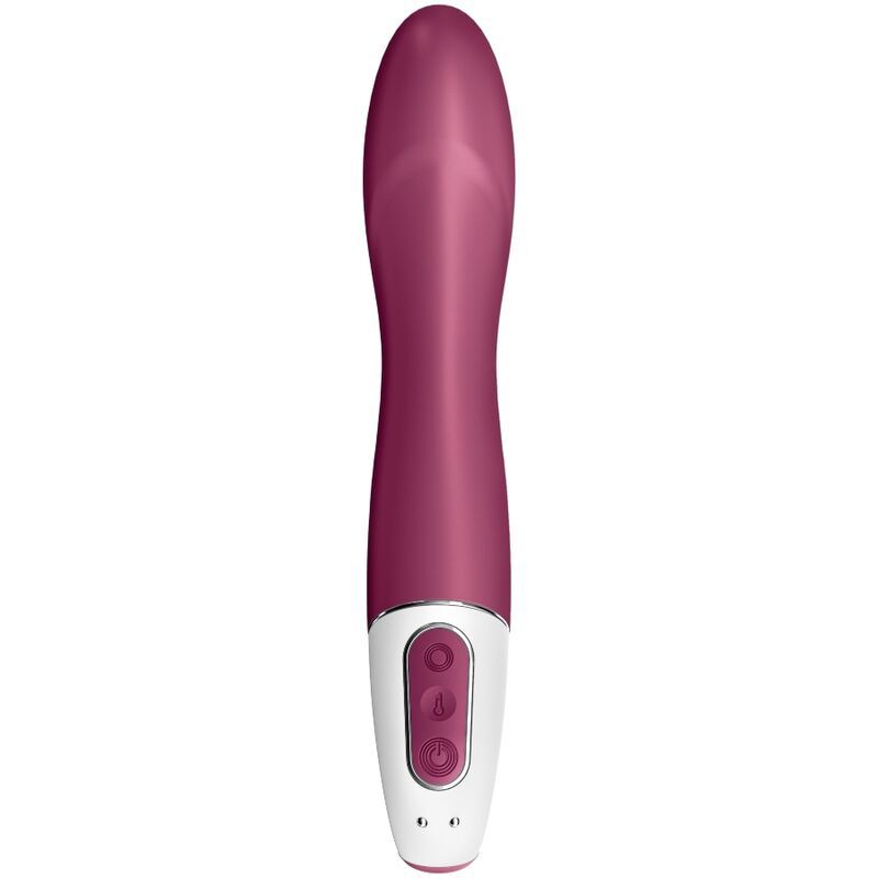 Bordeauxfarbener Vibrator mit weißem Bedienfeld. Drei Knöpfe. Glatte Oberfläche. Zylindrische Form.