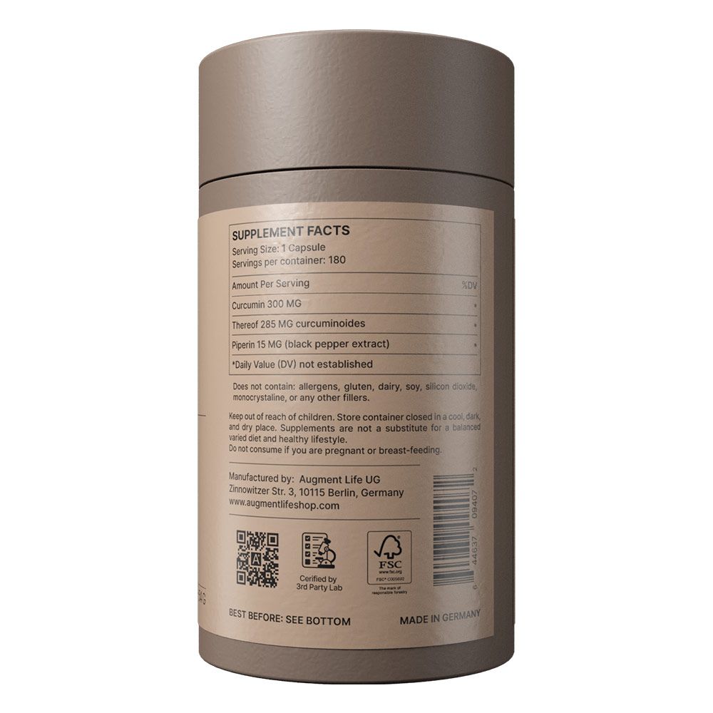 Braune Dose mit Nährwertangaben: 1 Kapsel, 180 Portionen, 300 mg Curcumin, 285 mg Curcuminoide, 5 mg Piperin. Hergestellt in Deutschland.
