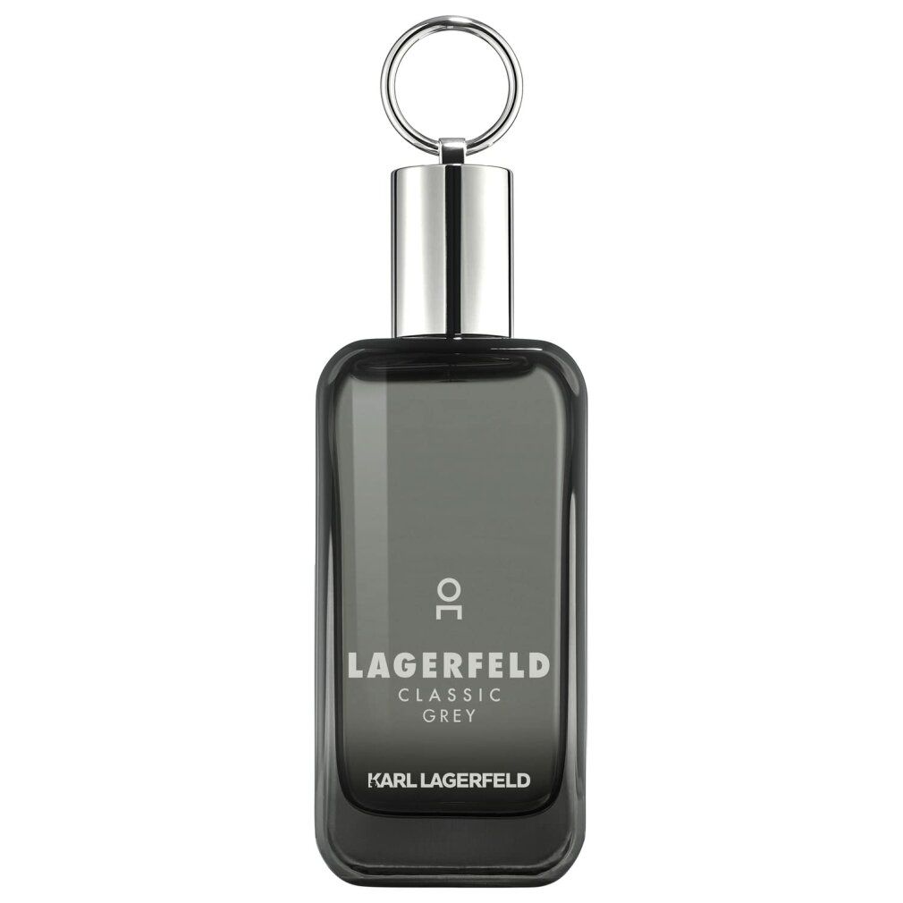 Graue Glasflasche mit silbernem Verschluss und Schlüsselring. Karl Lagerfeld Classic Grey Schriftzug.