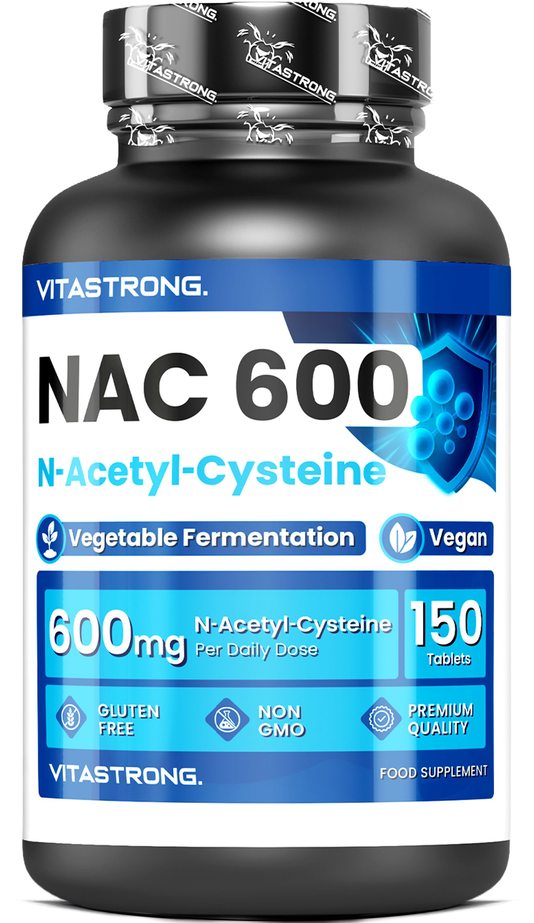 Vitastrong NAC 600: Schwarze Dose mit 150 veganen Kapseln, N-Acetyl-Cystein.