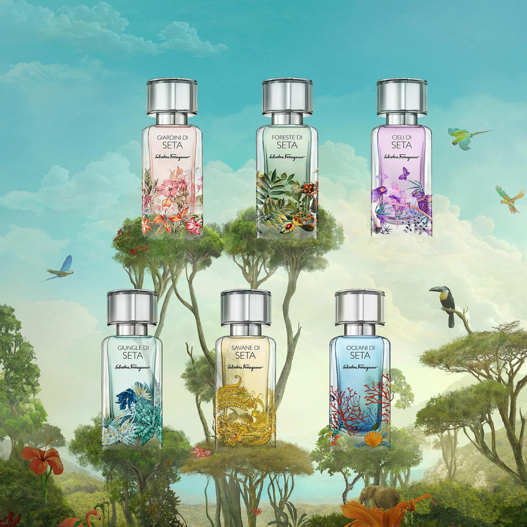 Sechs Flakons. Text: Cieli di Seta, Salvatore Ferragamo. Verschiedene Designs. Hintergrund: Bäume, Vögel.