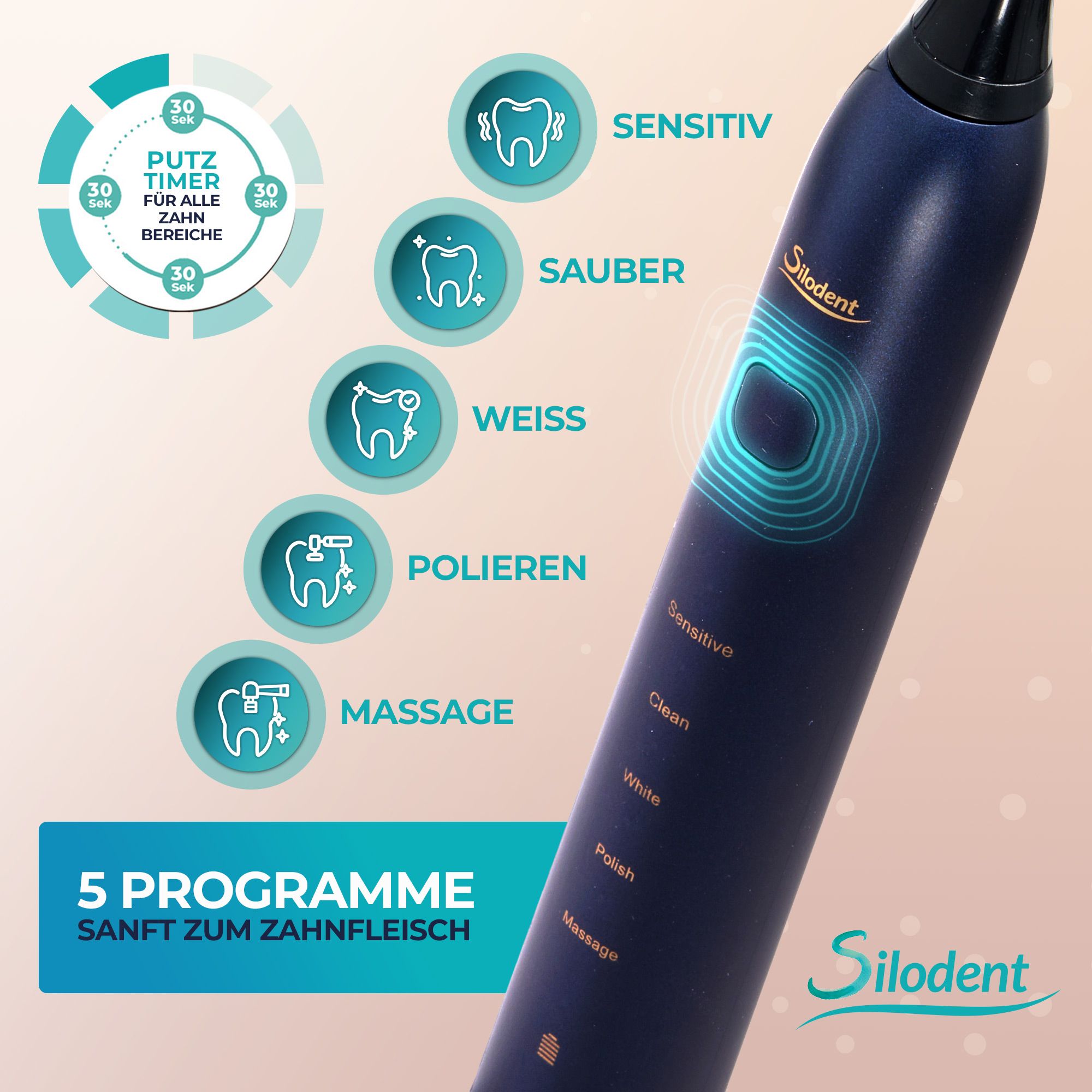 Silodent Schallzahnbürste Midnight Blue mit antiseptischen Borsten und fünf Programmen
