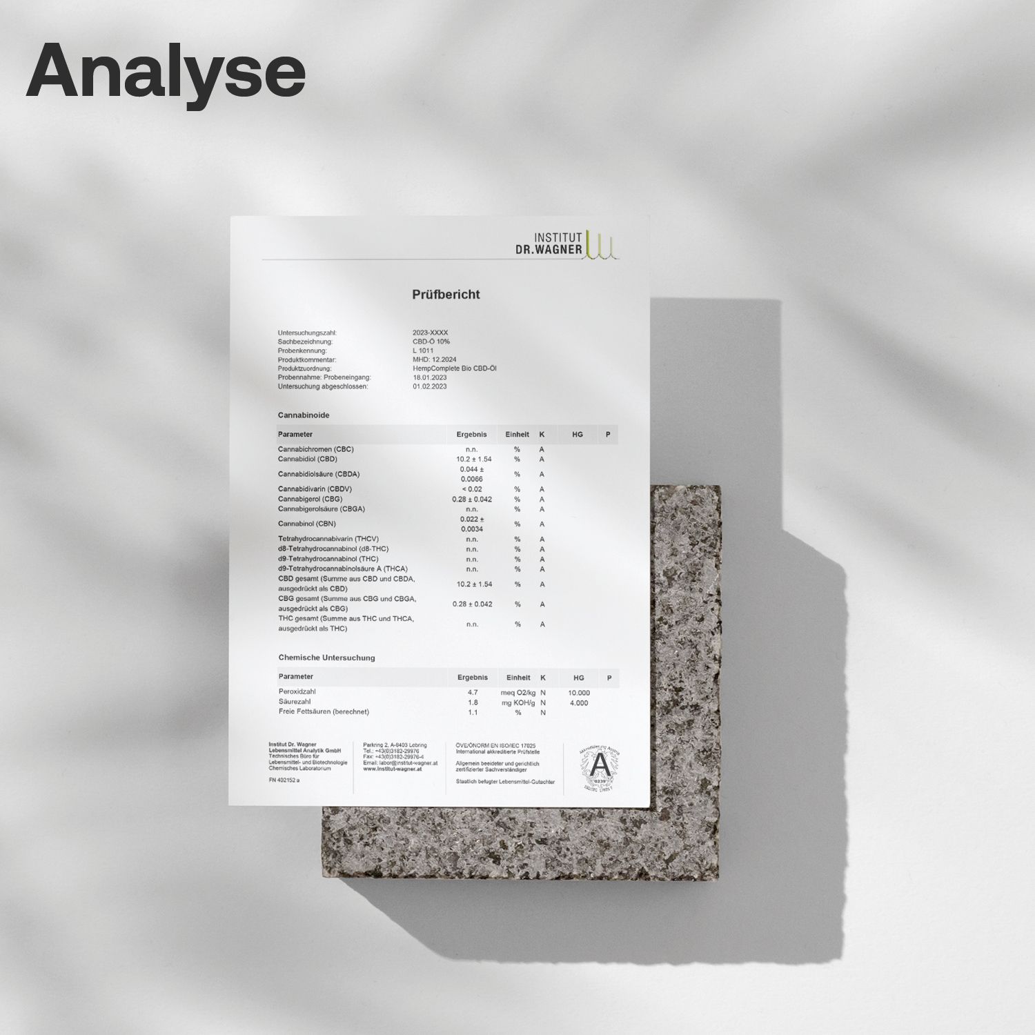 Analysebericht auf Papier, auf Steinplatte. Text: Analyse, Institut Dr. Wagner, Prüfbericht, Cannabinoide.