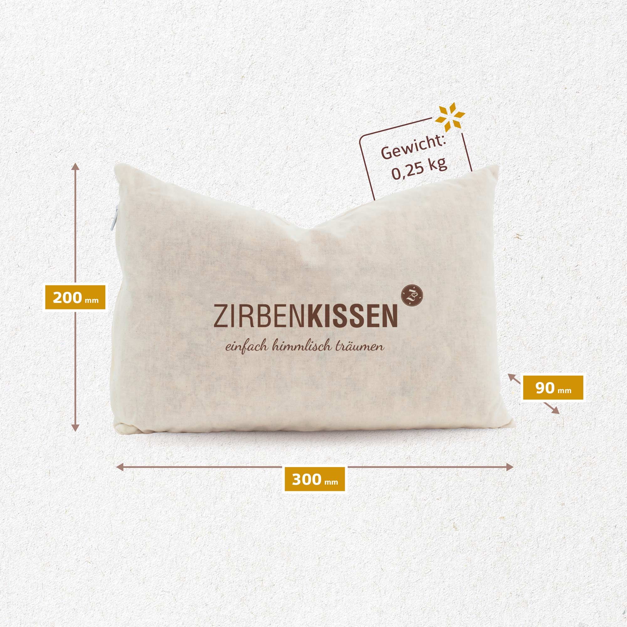 ZirbenKissen mit Maßangaben: 300x200x90 mm. Text: Gewicht 0,25 kg. Aufschrift: ZirbenKissen, einfach himmlisch träumen.